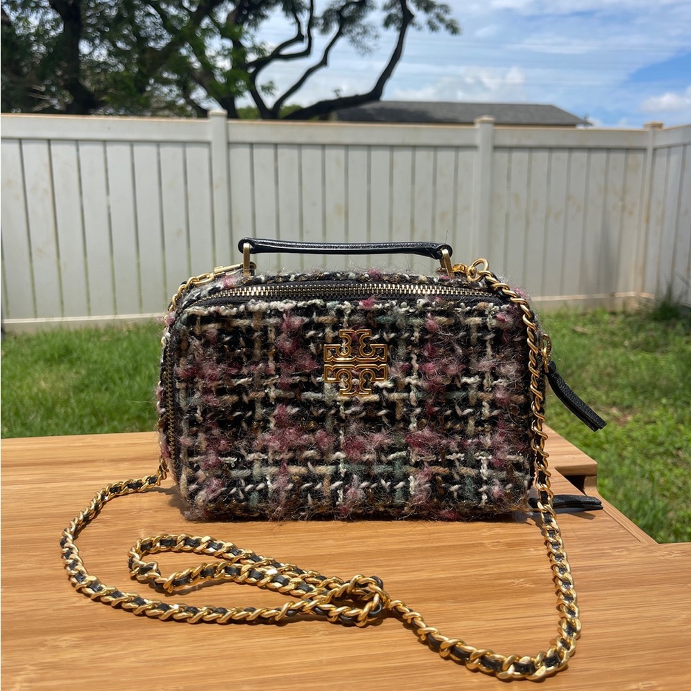 Tory Burch Multicolor Tweed Box Crossbody with Gold Chain